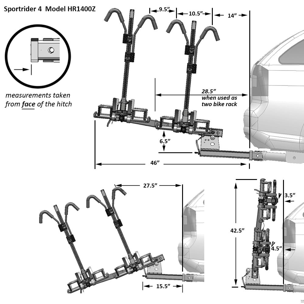 A diagram demonstrating the ease of attaching a Hollywood Racks - Sport Rider SE4 hitch bike rack to a car.