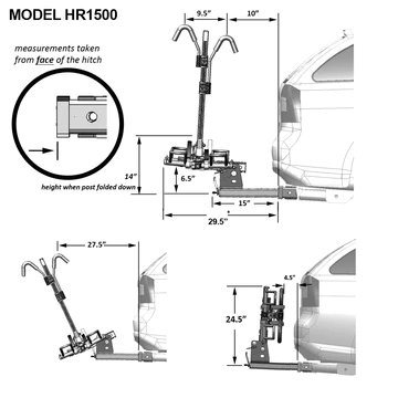 A diagram illustrating the installation process of a Hollywood Racks - Sport Rider For eBikes hitch bike rack on a car.