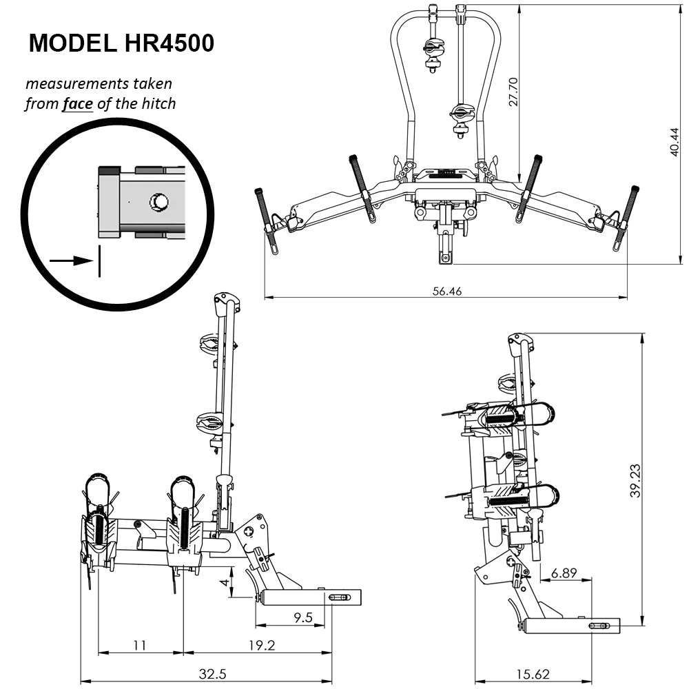 A diagram displaying the dimensions of the Hollywood Racks - Destination eBike Rack. It includes measurements suitable for Hollywood Racks - Destination eBike Rack installation and highlights a wide aluminum ramp for easy access.