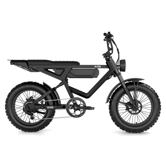 Side view of the Zumi - Blade, a high-performance fat-tire e-bike in sleek black, featuring a triangular frame and central chain drive for effortless off-road trails.