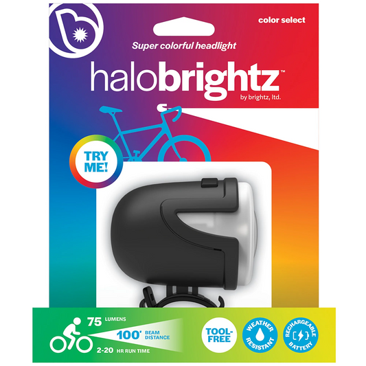 The Brightz Halo Brightz bicycle headlight features a black casing, 75 lumens, weather-resistant design, and a rechargeable battery. Displayed in colorful packaging, it's perfect for mounting on handlebars.