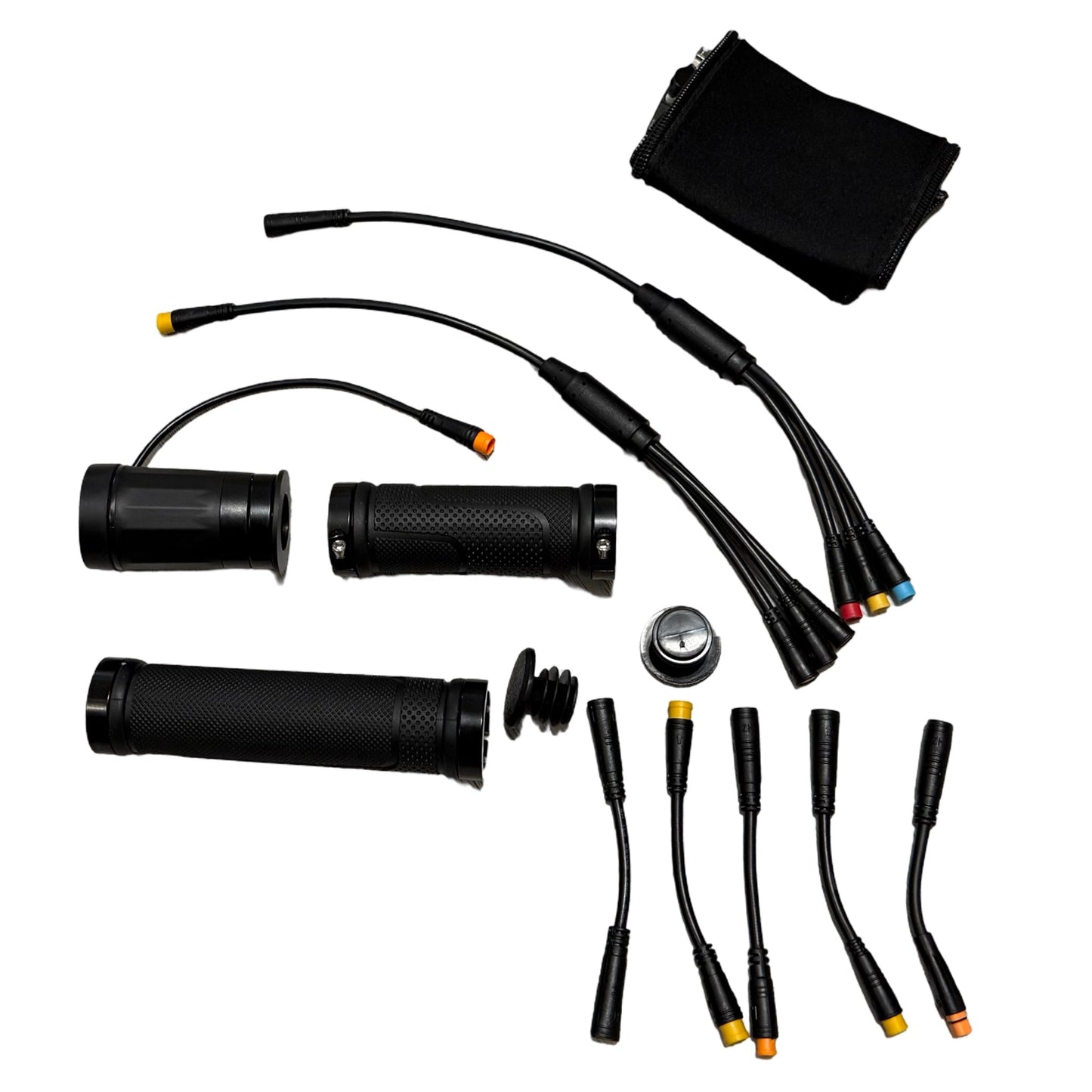 ElectricAllWheel Universal Throttle Harness Kit for E-Bikes and PEVs (featuring 3-pin Julet M/F, 3-pin mini j, and 3-pin mini Julet connectors) with included accessories displayed on a white background.