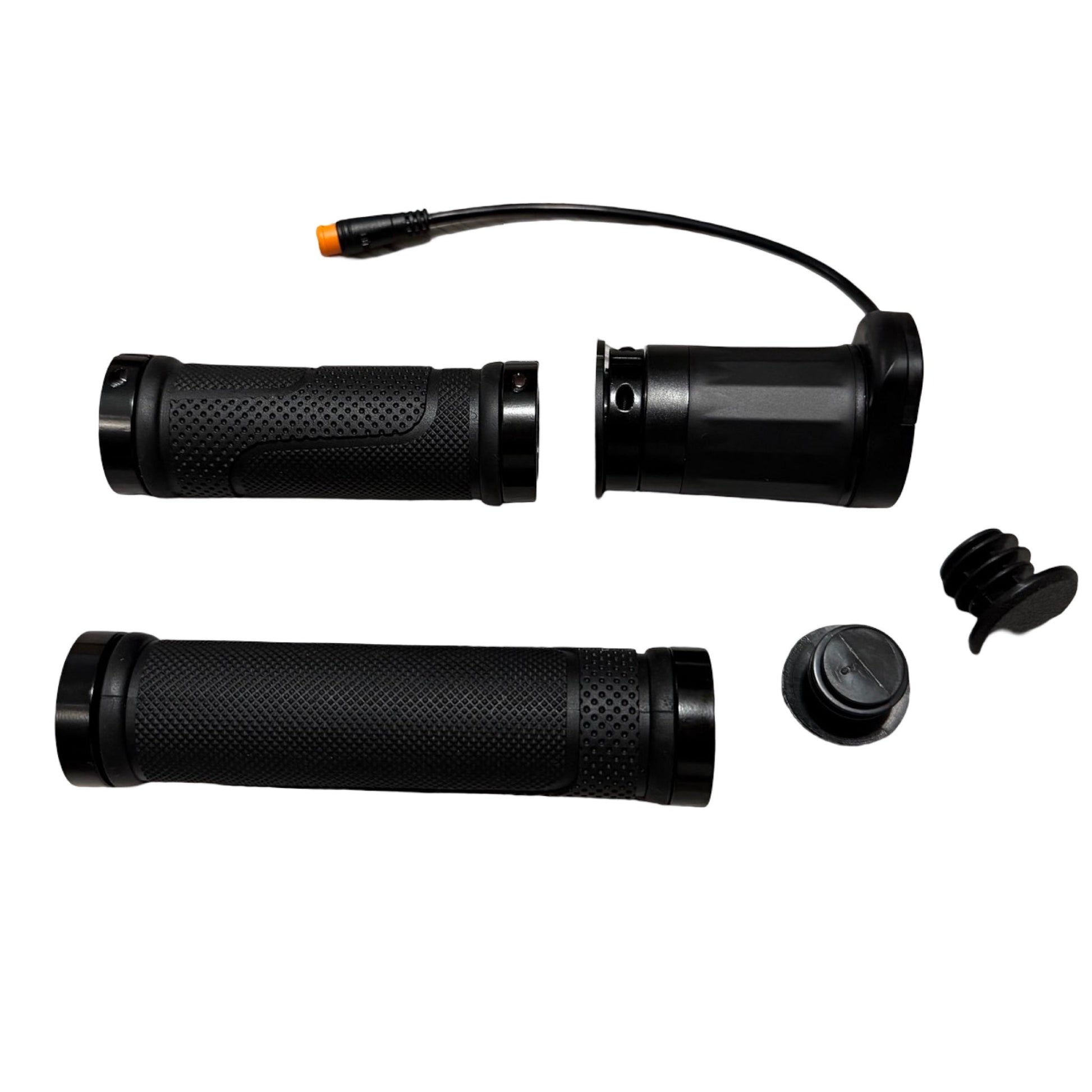 Set of black ergonomic Right Hand Half Grip Twist Throttle grips by ElectricAllWheel, featuring textured surfaces, end caps, and an integrated 3 pin Julet cable connector—all displayed on a white background. These grips are designed for Lectric/AIPAS harness compatibility, allowing seamless integration with your bike’s wiring system.