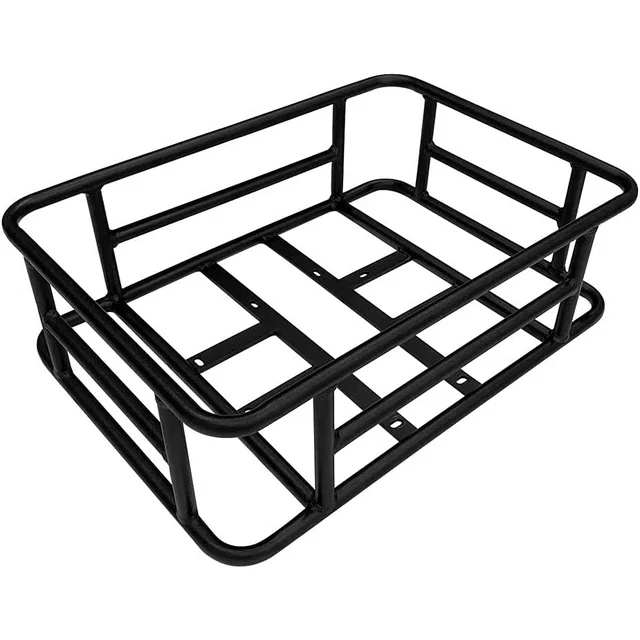 Introducing the Rear Basket Large - Heybike, a sleek black metal bike rear basket by HeyBike, featuring a rectangular shape and open framework design—ideal for grocery shopping.