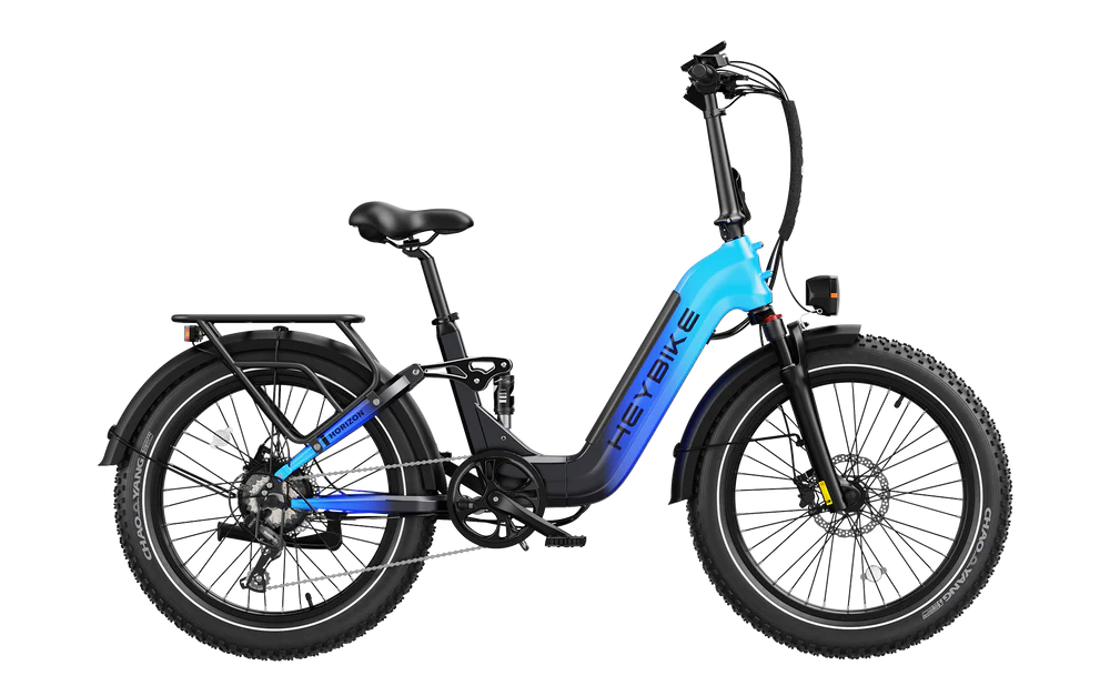 HeyBike - Horizon electric folding bicycle with suspension and Shimano 7-speed gear shift system on a black background.