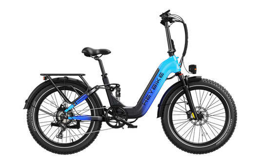 HeyBike - Horizon electric folding bicycle with suspension and Shimano 7-speed gear shift system on a black background.
