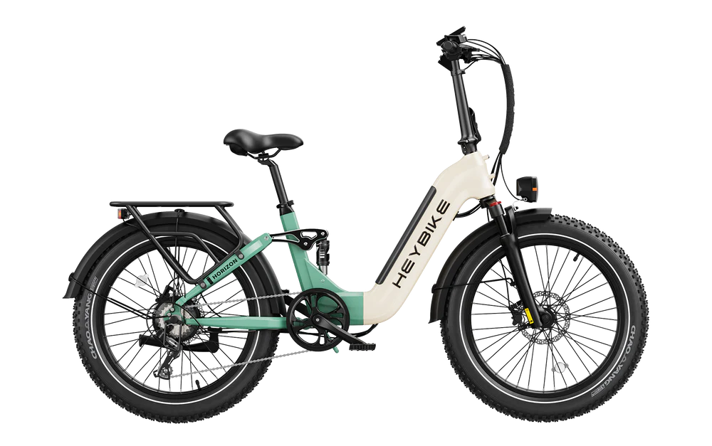 HeyBike - Horizon foldable electric bike with fat tires on a black background.