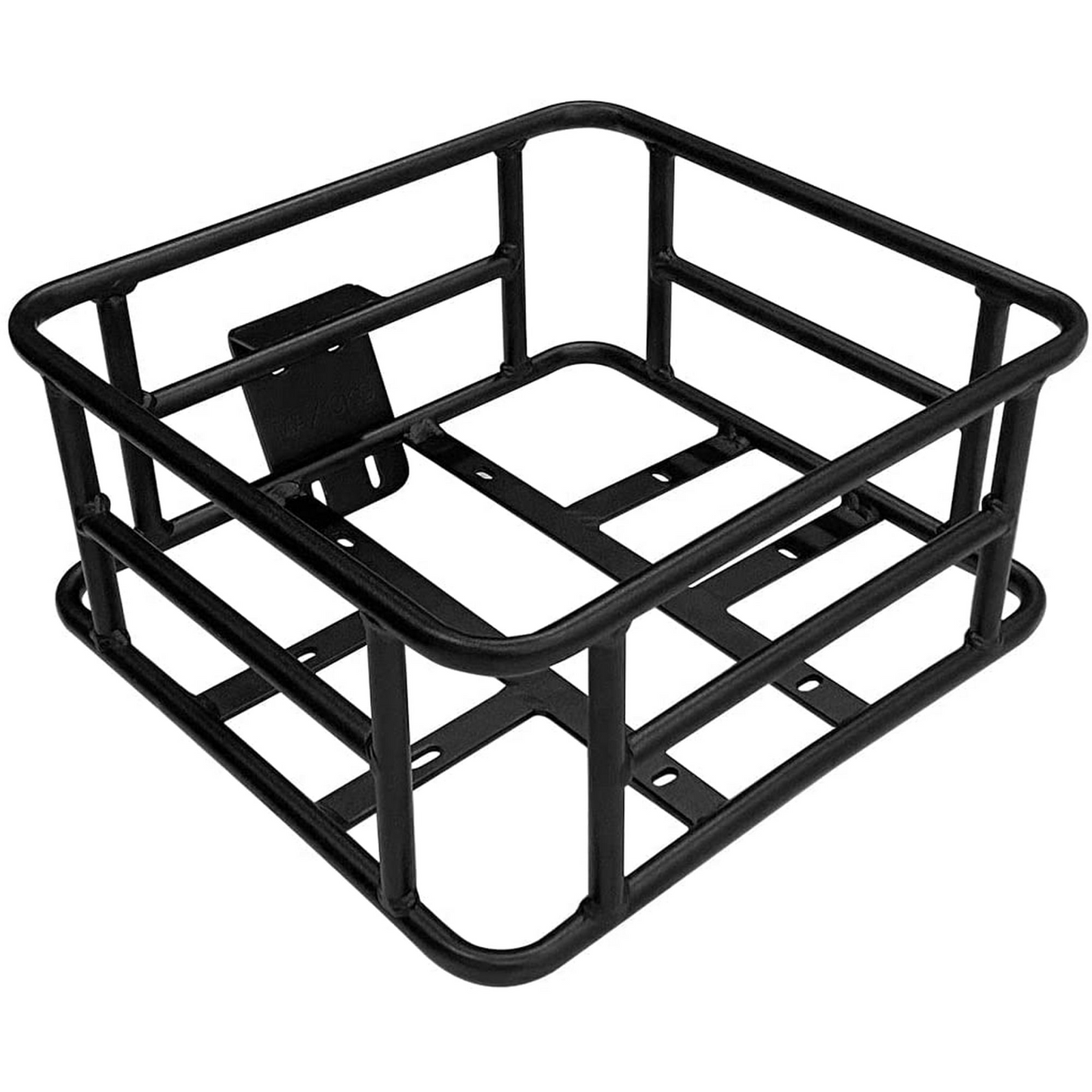 The HeyBike Front Basket is a black metal basket with a rectangular shape, open top, and grid-like frame structure, designed for attachment to a bicycle's rear rack. Ideal for grocery shopping with ample cargo capacity.