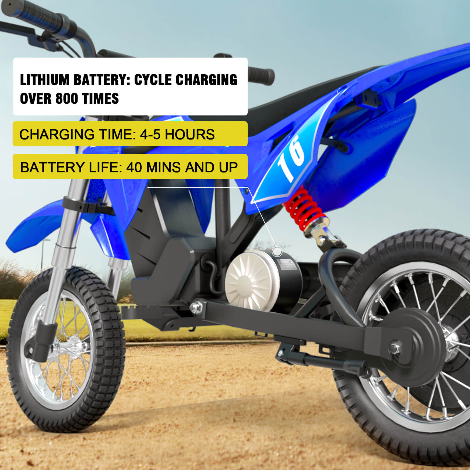 Close-up of the Hiboy - DK1 Electric Dirt Bike on a dirt path, highlighting its lithium battery, 4–5 hour charging time, and 40+ minutes of ride time—ideal for young riders seeking a reliable off-road kids’ bike by Hiboy.