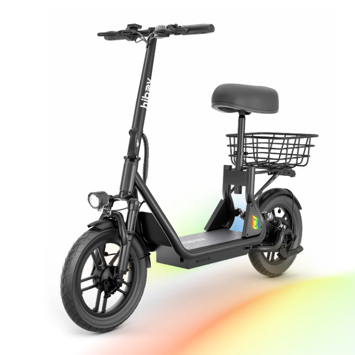 The Hiboy U2 Seated Electric Scooter by Hiboy is black, features a seat, front light, and rear basket, and is shown on a white background with a subtle multicolored shadow.