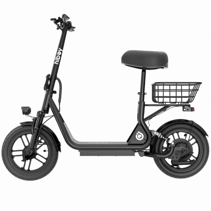 The Hiboy U2 Seated Electric Scooter by Hiboy features a sleek black frame, front and rear wheels, handlebars, and a rear metal basket—shown in side profile on a white background—ideal for comfy commutes.