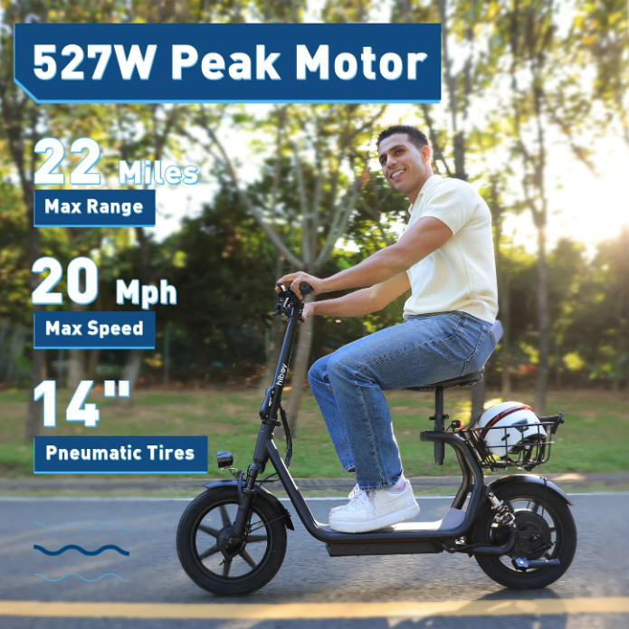 A man rides the Hiboy U2 Seated Electric Scooter outdoors, featuring a 527W motor, 22-mile max range, 20 mph top speed, and 14-inch pneumatic tires.