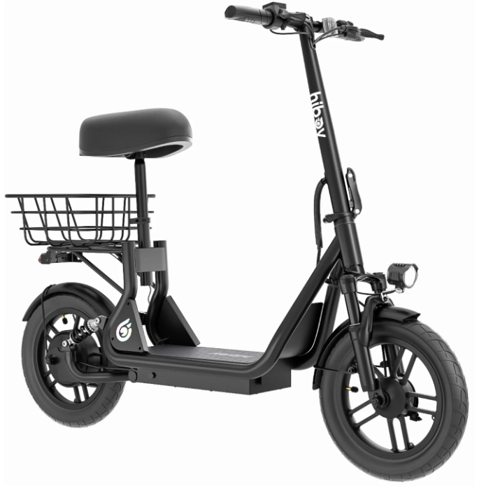 The Hiboy U2 Seated Electric Scooter by Hiboy features a padded seat, rear cargo basket, front and rear lights, and wide tires—ideal for commuting. Photographed against a white background.