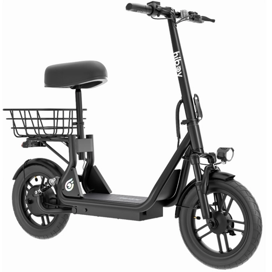 The Hiboy U2 Seated Electric Scooter by Hiboy features a padded seat, rear cargo basket, front and rear lights, and wide tires—ideal for commuting. Photographed against a white background.