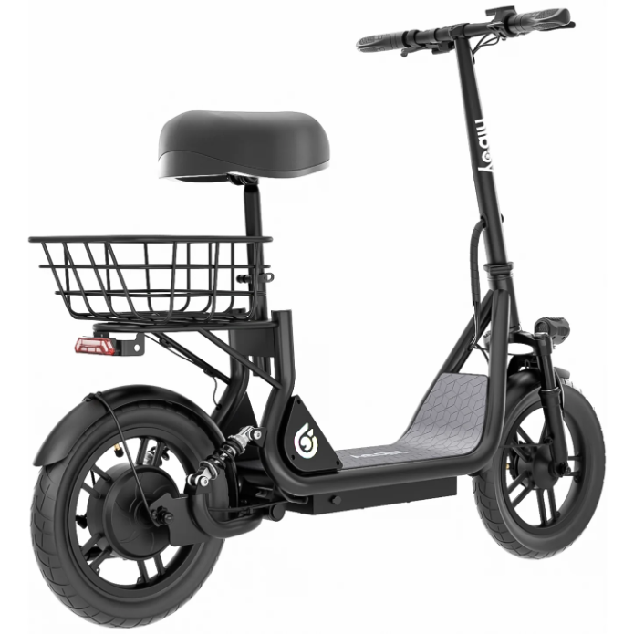 The Hiboy U2 Seated Electric Scooter by Hiboy has a padded seat, rear cargo basket, and thick tires, shown from a rear-side angle on a white background.