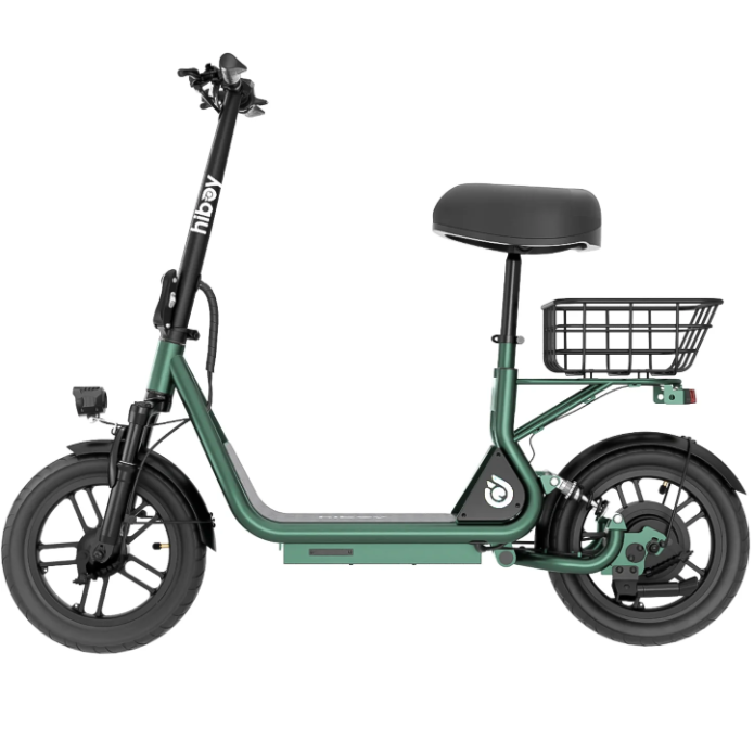The Hiboy U2 Seated Electric Scooter by Hiboy features a black seat, front headlight, and rear cargo basket, shown in profile against a white background—an ideal choice for commuting.