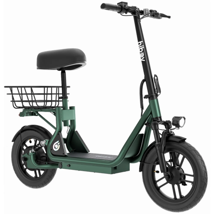 The Hiboy U2 Seated Electric Scooter by Hiboy, shown in green with a padded seat, rear cargo basket, headlight, and wide tires from a front-side angle on a white background, is perfect for commuting.