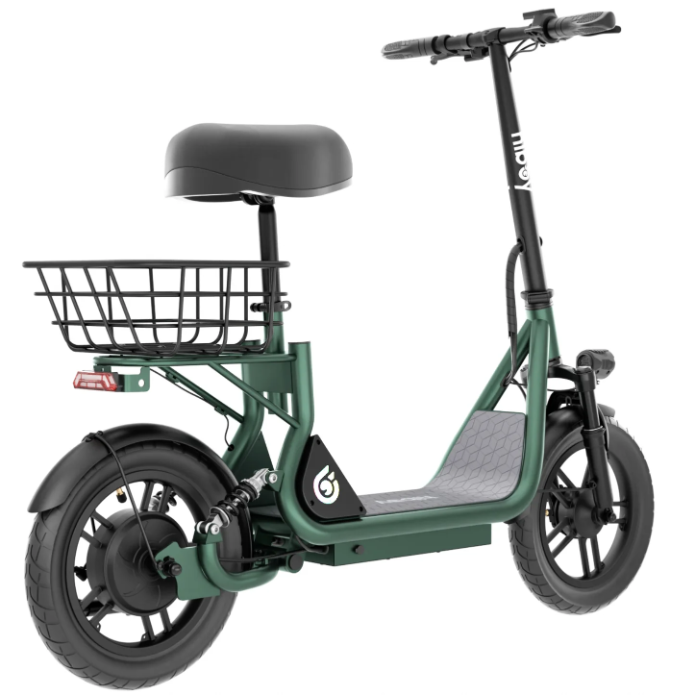 The Hiboy U2 Seated Electric Scooter by Hiboy features a padded seat, black rear basket, large tires, handlebars, and a step-through frame—ideal for comfortable commuting and urban rides.
