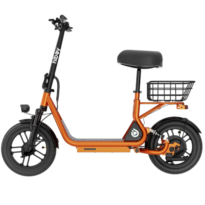 The Hiboy U2 Seated Electric Scooter by Hiboy is a stylish orange e-scooter featuring a black seat, handlebars, front and rear wheels, and a rear wire basket—ideal for commuting.