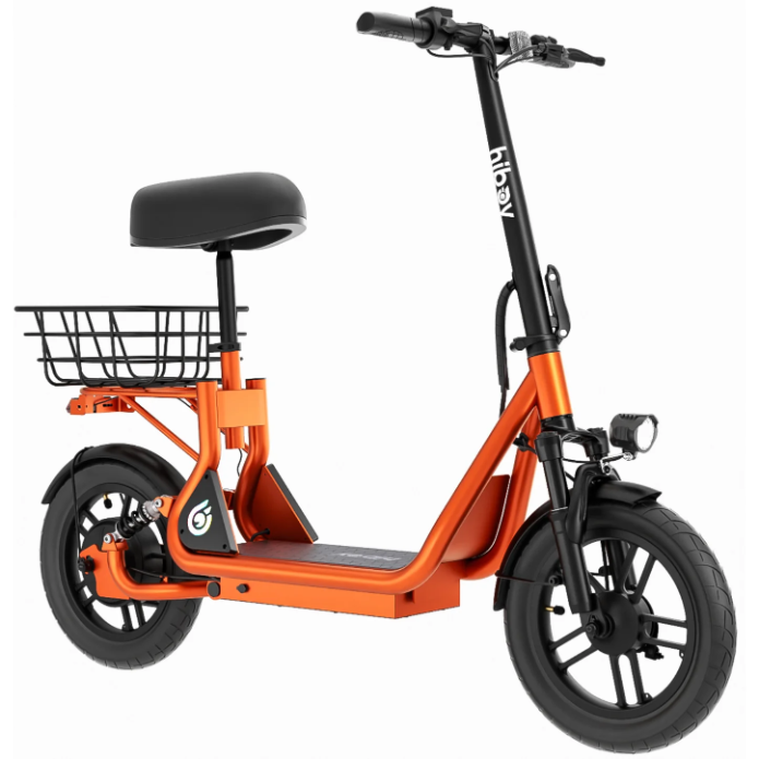 The Hiboy U2 Seated Electric Scooter by Hiboy features a bright orange frame, black seat, rear cargo basket, front light, and thick black wheels—ideal for commuting. Photographed on a white background.