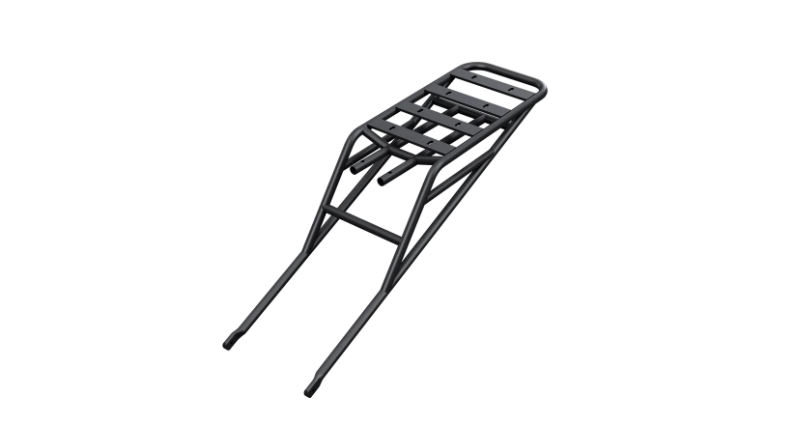 The Rear Rack - Himiway C5 by Himiway is a black anodized aluminum cargo rack designed for bicycles. It features a grid structure for securing items and attachment points for mounting. This high-strength rear rack is perfect for riders of Tampa Bay eBikes.