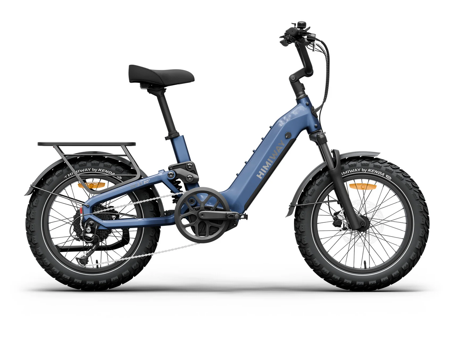 The Himiway D5 2.0 20in by Himiway, a blue fat tire e-bike with a 750W hub motor, step-through frame, front and rear fenders, and rear cargo rack, is shown against a white background.