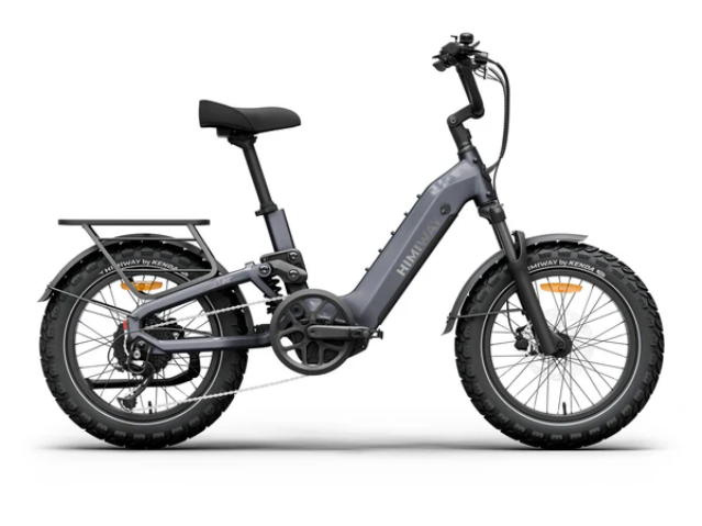 The Himiway D5 2.0 20in, a gray fat tire e-bike by Himiway with a 750W hub motor, step-through frame, rear cargo rack, and fenders is shown against a white background.