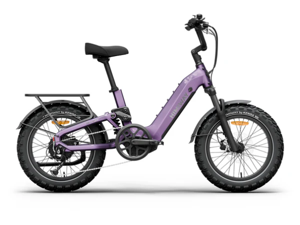 The Himiway D5 2.0 20in by Himiway, shown in profile, is a purple fat tire electric bike featuring a 750W hub motor, step-through frame, rear cargo rack, and upright handlebars.