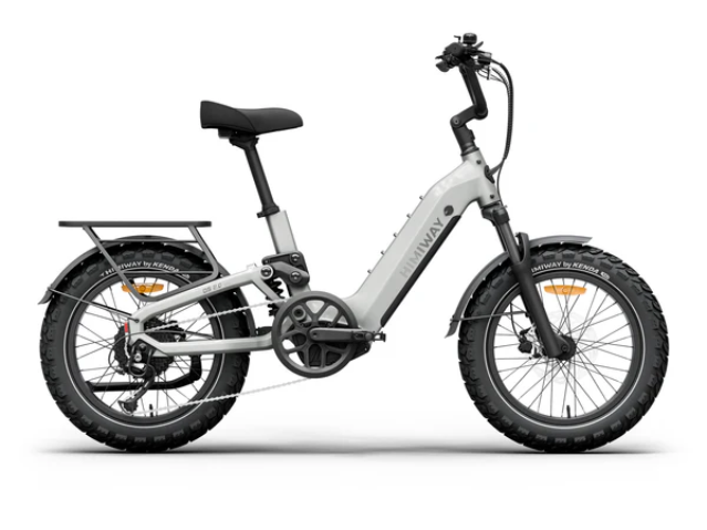 The Himiway D5 2.0 20in by Himiway is a white, foldable fat tire e-bike with a 750W hub motor, step-through frame, and rear cargo rack, displayed in profile on a white background.