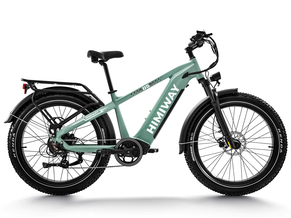 Himiway - D5 electric fat bike with Shimano 7 Speed Gear Shift System, fat tires, and rear rack, isolated on a white background.