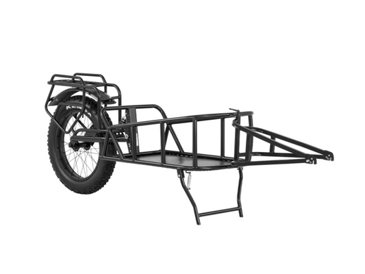 The Himiway Single Wheel Cargo Trailer by Himiway features a black metal frame, single large rear wheel, rear rack, and built-in kickstand.