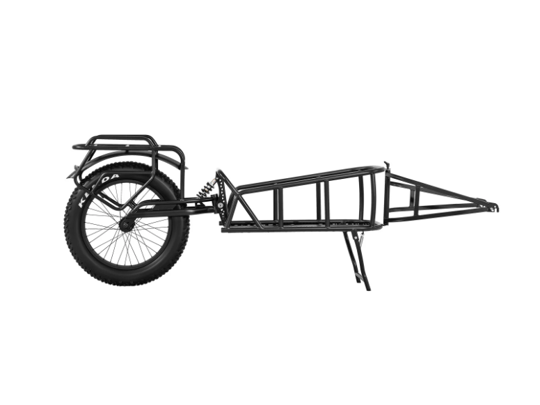 The Himiway Single Wheel Cargo Trailer by Himiway, featuring a metal frame, side stand, and rear rack, is displayed from the side against a white background.