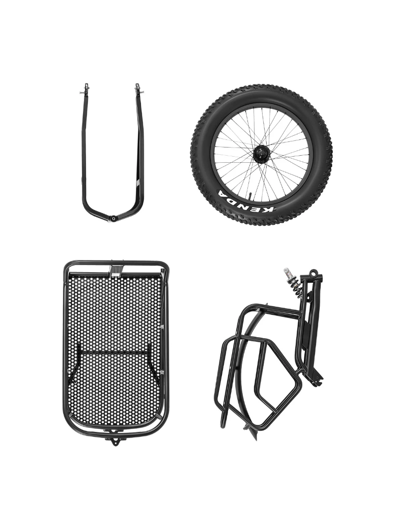 Four disassembled Himiway Single Wheel Cargo Trailer parts by Himiway—a wheel, frame, cargo platform, and support structure—are arranged on a white background.