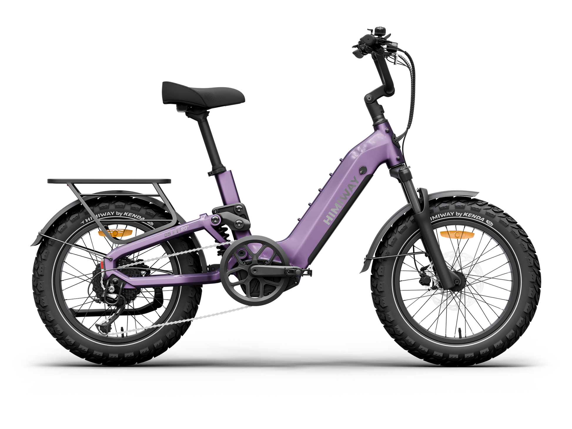 The Himiway D5 2.0 20in by Himiway, shown in profile, is a purple fat tire electric bike featuring a 750W hub motor, step-through frame, rear cargo rack, and upright handlebars.