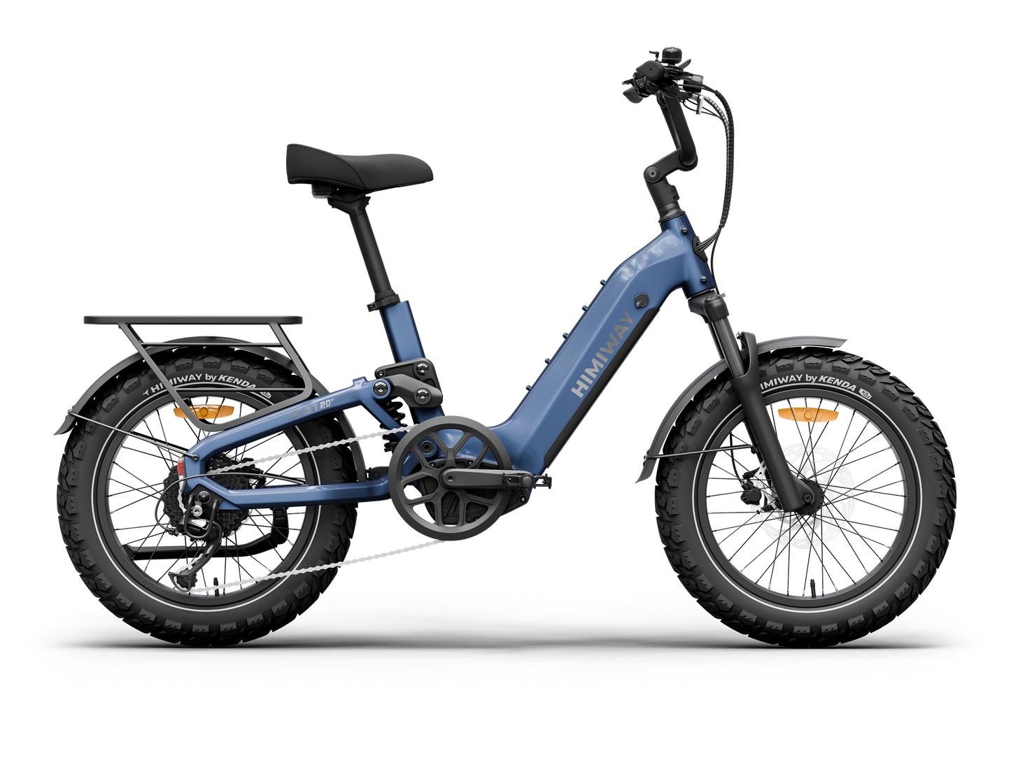 The Himiway D5 2.0 20in by Himiway, a blue fat tire e-bike with a 750W hub motor, step-through frame, front and rear fenders, and rear cargo rack, is shown against a white background.