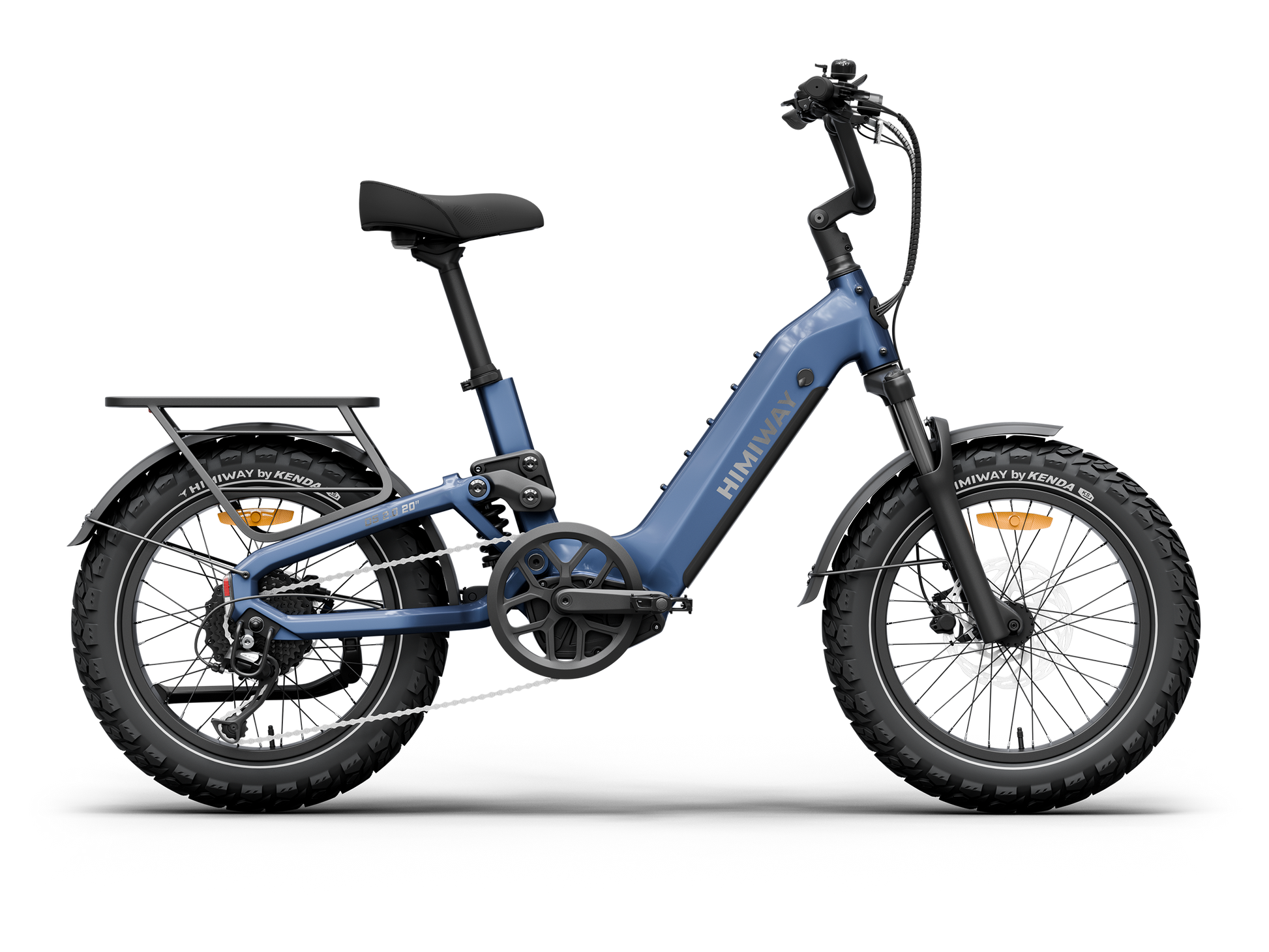 The Himiway D5 2.0 20in by Himiway, a blue fat tire e-bike with a 750W hub motor, step-through frame, front and rear fenders, and rear cargo rack, is shown against a white background.