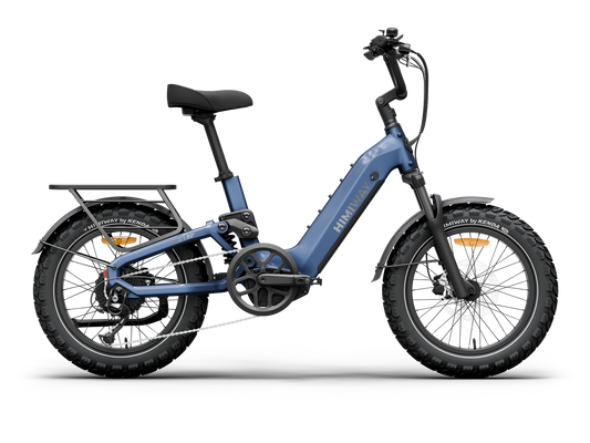 The Himiway D5 2.0 20in by Himiway, a blue fat tire e-bike with a 750W hub motor, step-through frame, front and rear fenders, and rear cargo rack, is shown against a white background.