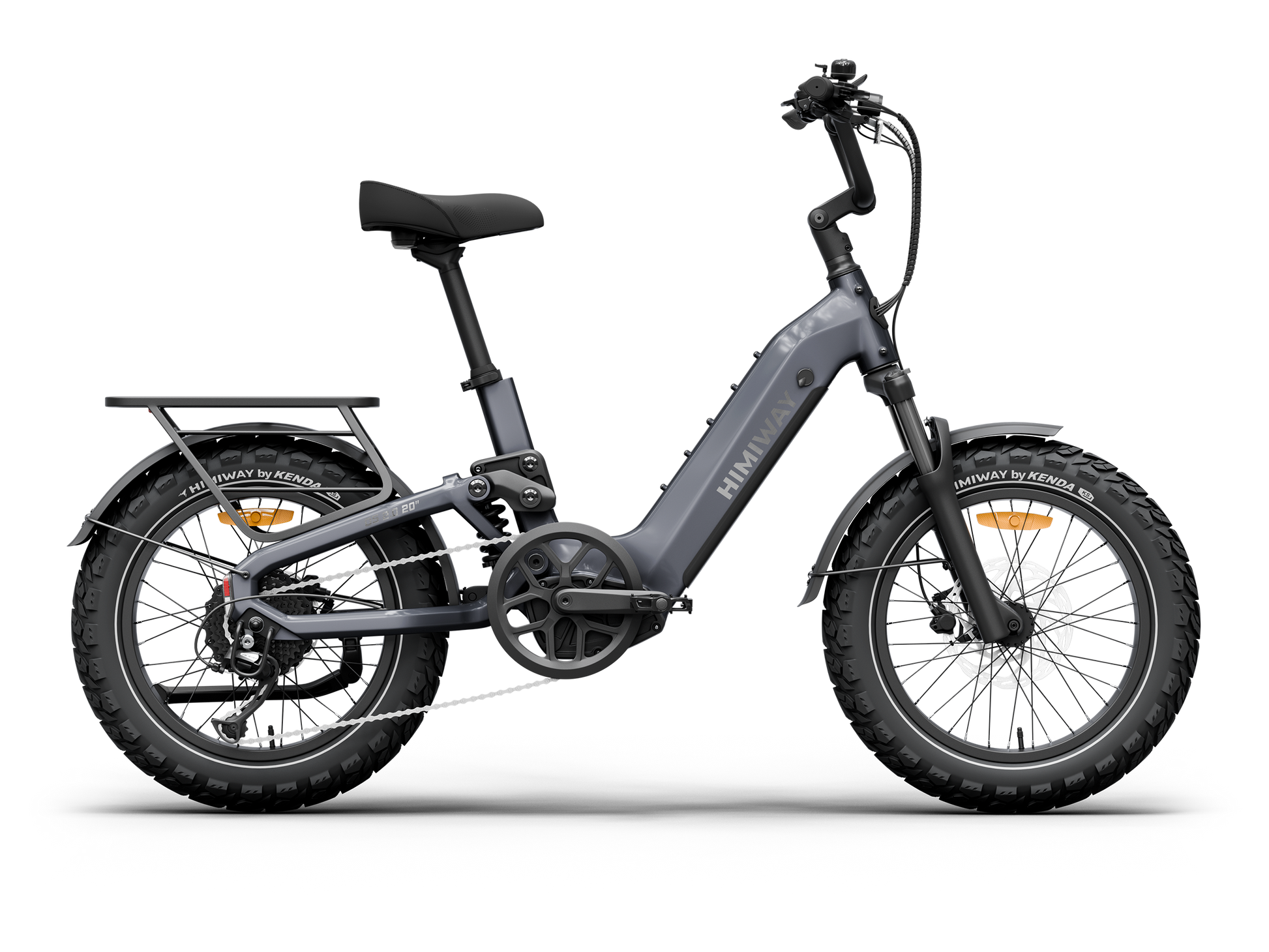 The Himiway D5 2.0 20in, a gray fat tire e-bike by Himiway with a 750W hub motor, step-through frame, rear cargo rack, and fenders is shown against a white background.