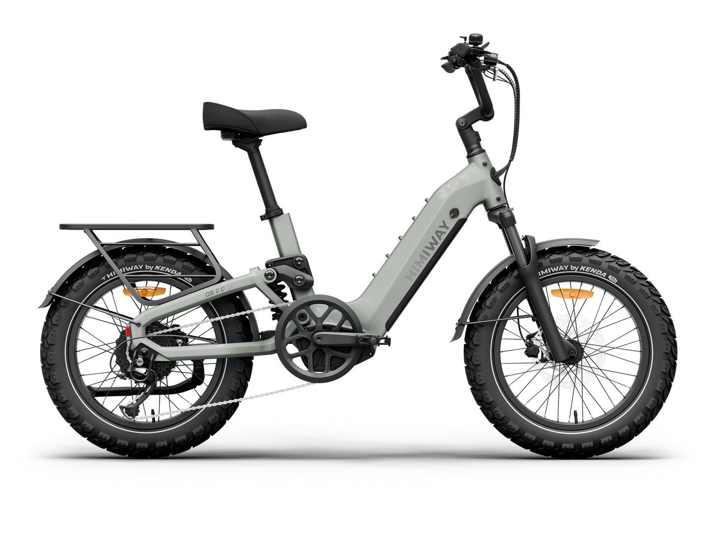 The Himiway D5 2.0 20in by Himiway is a white, foldable fat tire e-bike with a 750W hub motor, step-through frame, and rear cargo rack, displayed in profile on a white background.