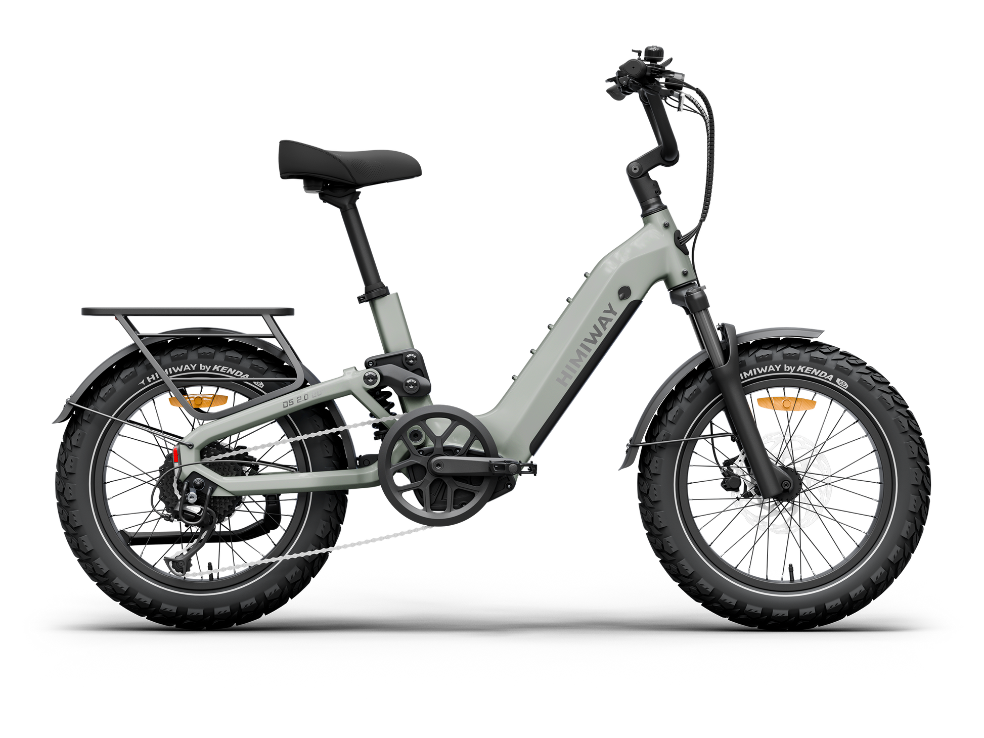 The Himiway D5 2.0 20in by Himiway is a white, foldable fat tire e-bike with a 750W hub motor, step-through frame, and rear cargo rack, displayed in profile on a white background.