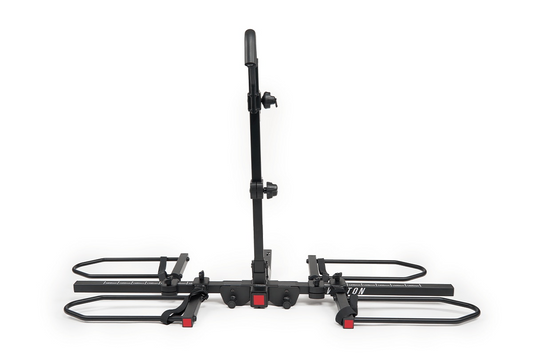 A black Aventon Level 2 hitch-mounted platform bike rack with spaces for two bikes, featuring adjustable wheel holders and an upright support arm, perfect for eBike transport.