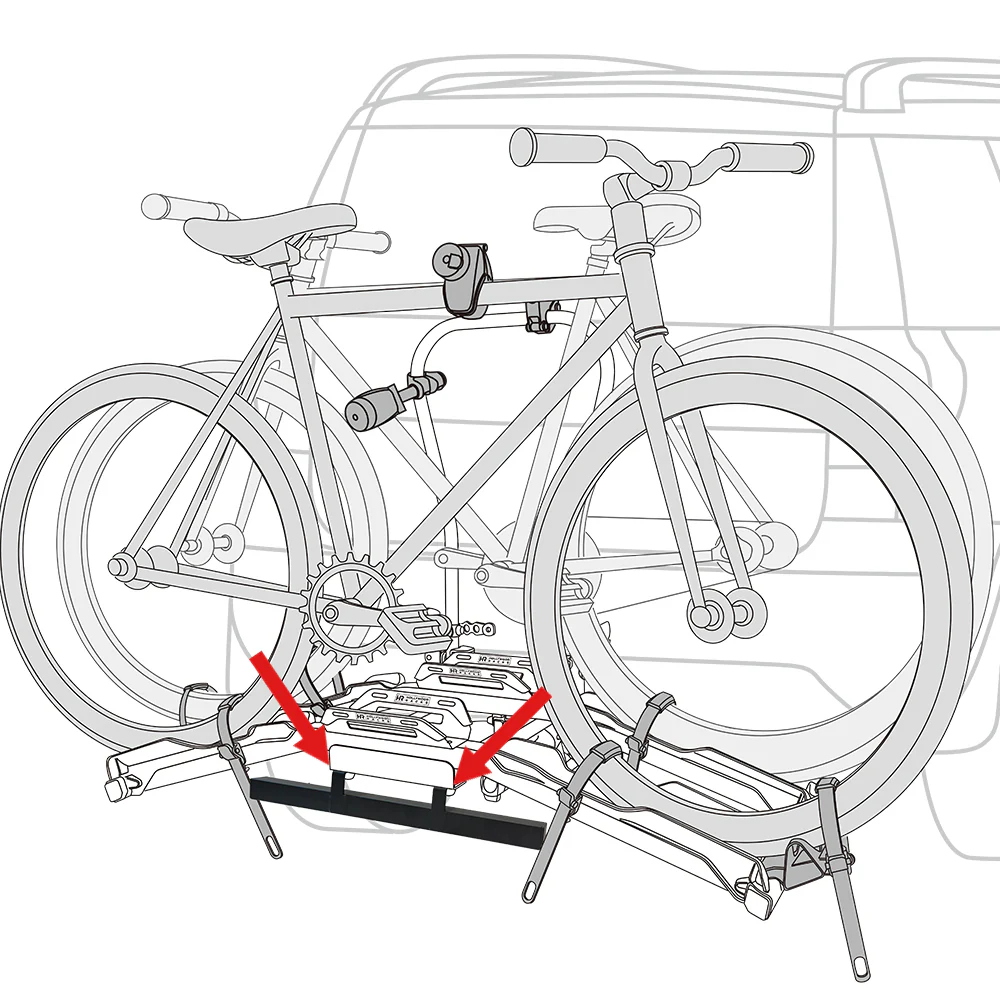 Illustration of a bicycle mounted on the back of a vehicle. Red arrows point to the locking mechanism securing the bicycle to the rear bike rack, enhanced by Hollywood Racks’ Safety Light Bar Adapter for added visibility and safety.