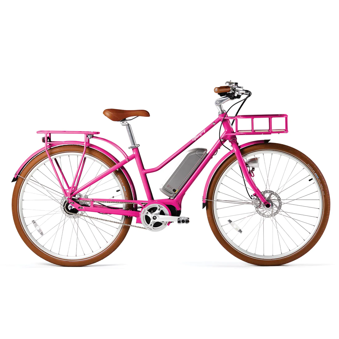 Introducing the Bluejay Premiere Edition - Hot Pink Electric Bike by Tampa Bay eBikes. This stylish bicycle features a pink frame with a brown saddle and handlebar grips, along with a front basket and rear rack for added convenience. It is equipped with tan-colored tires and has a pedal-assist motor neatly integrated into the frame.