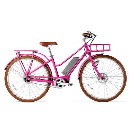 Introducing the Bluejay Premiere Edition - Hot Pink Electric Bike by Tampa Bay eBikes. This stylish bicycle features a pink frame with a brown saddle and handlebar grips, along with a front basket and rear rack for added convenience. It is equipped with tan-colored tires and has a pedal-assist motor neatly integrated into the frame.