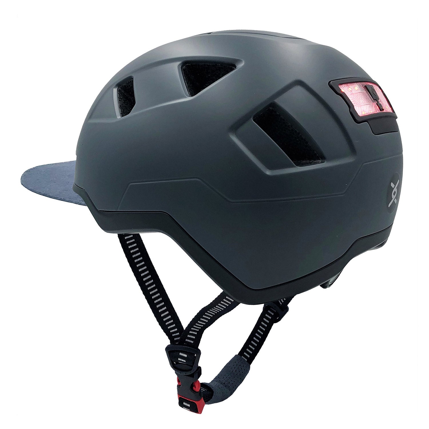 A black e-bike helmet with a chin strap and rear LED lights, the Helmet XNITO by XNITO.