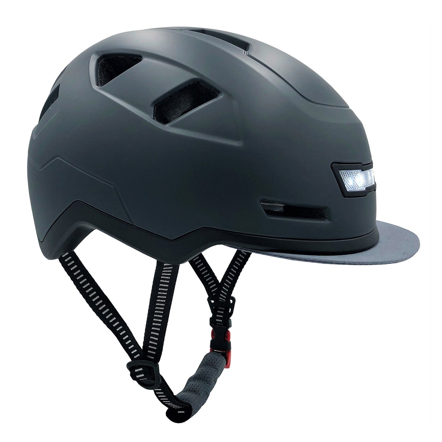 XNITO e-bike helmet with a visor, adjustable strap, and LED lights.