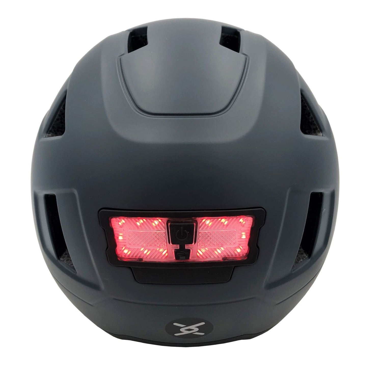 A black XNITO e-bike helmet with a red LED safety light illuminated at the back, CPSC and NTA-8776 certified.