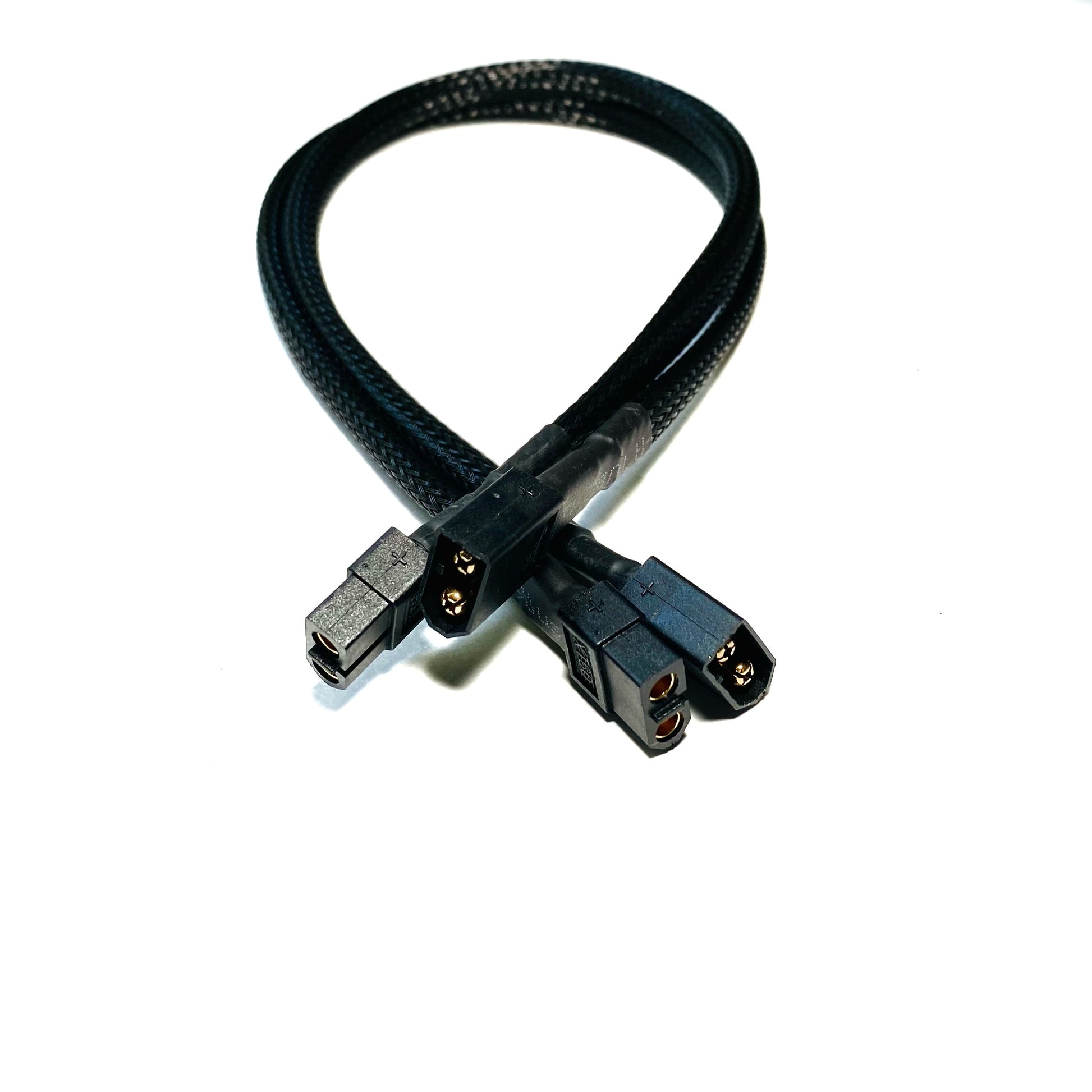 The ElectricAllWheel XT60 (14AWG) Extension Cable features a black braided design with four 6-pin connectors, durable 14AWG wiring, and is shown on a white background.