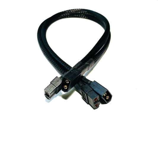 The ElectricAllWheel XT60 (14AWG) Extension Cable features a black braided design with four 6-pin connectors, durable 14AWG wiring, and is shown on a white background.
