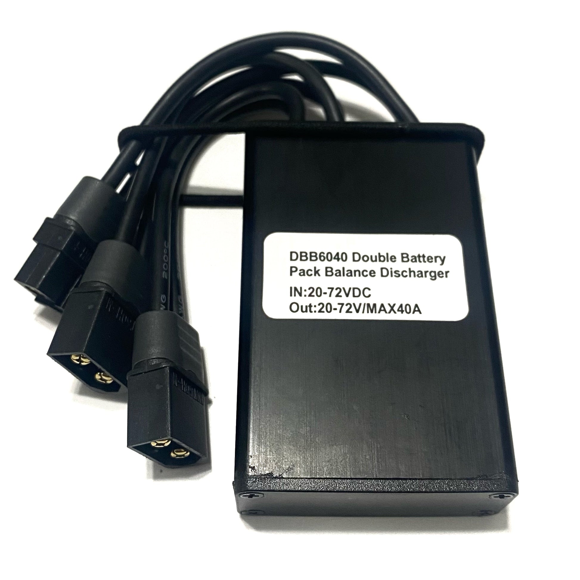The ElectricAllWheel 40A Dual Battery Discharge Balancer Kit fits Rad, Himiway, MagiCycle, and Addmotor, features three output cables, and includes a label with input/output specs—ideal for dual battery setups or accessories.